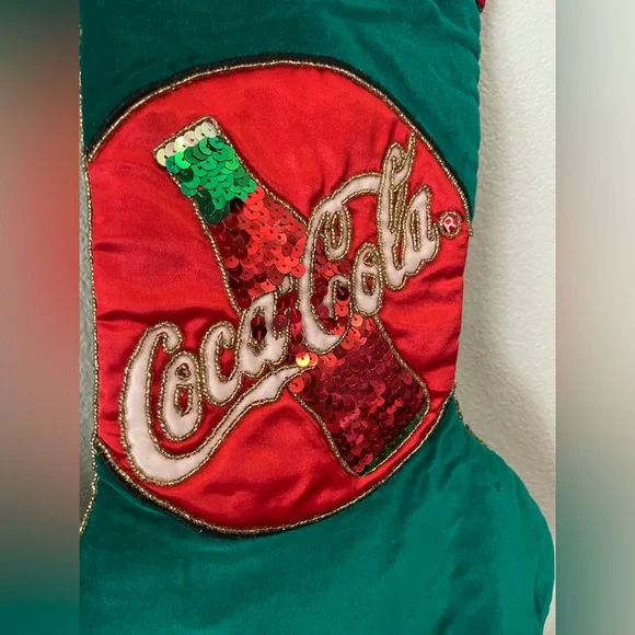 Coca-Cola vintage Christmas stocking. Red and green sequins and beaded trim - Picture 2 of 8